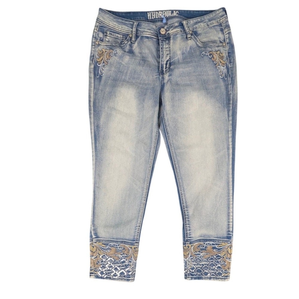 Hydraulic Ankle Skinny Jeans Blue Embroidered Sequin Size 14 Stretch Denim Boho